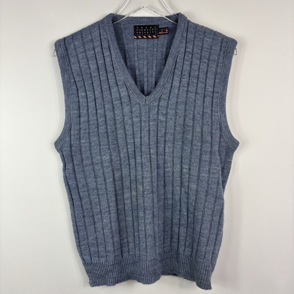 Vintage Mens Sweater Vest M Blue Ribbed Academia 80s 90s USA American Priority